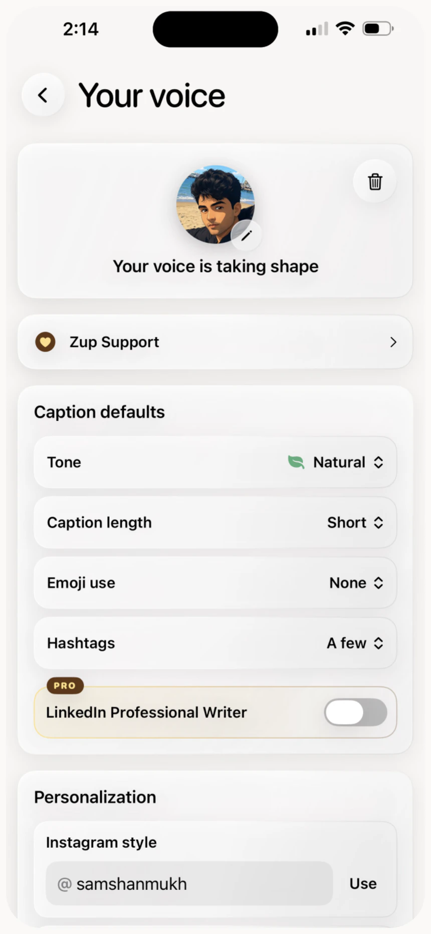 Your Voice caption settings in Zup
